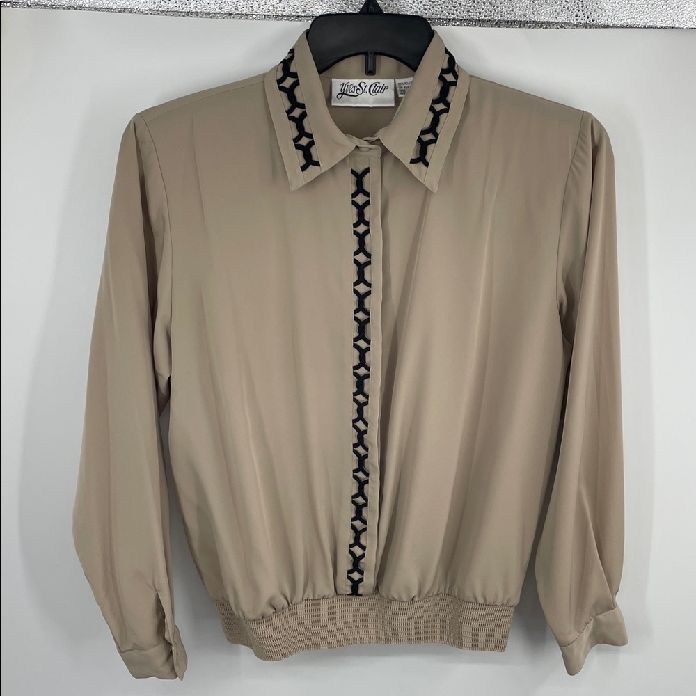Vintage Yves St. Clair Taupe Cutout Trim Smocked Hem Satin Blouse Size 12